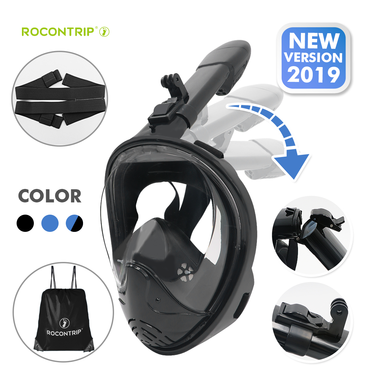 ROCONTRIP New foldable Snorkel Mask Full Face, Panoramic 180°View ...