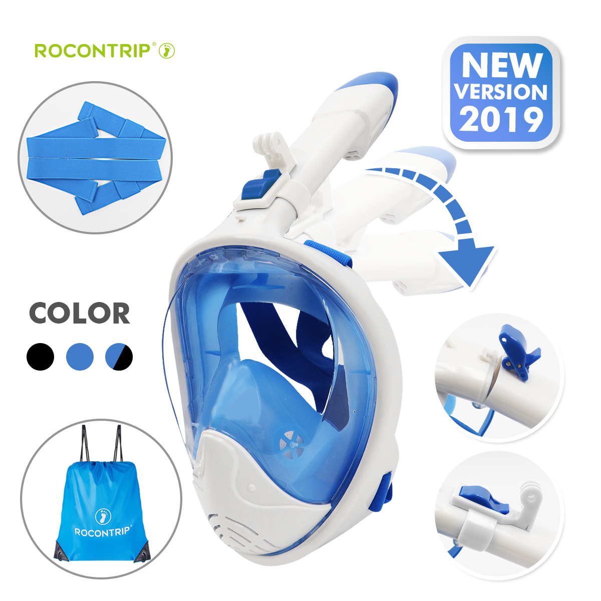 Rocontrip New Foldable Snorkel Mask Full Face, Panoramic 180°view 